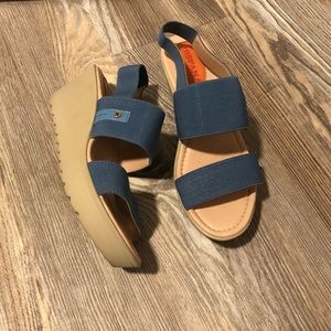 Blue denim strappy platform sandals